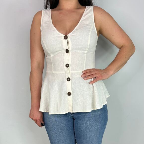 Modcloth Tan Linen Button Front Peplum Sleeveless Top - Picture 5 of 7